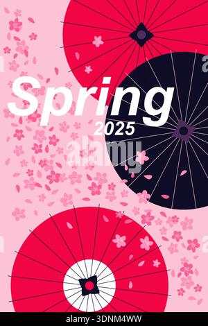 Traditional Japanese umbrellas among cherry blossoms and petals in spring, pink background vector illustration. Stock Vector