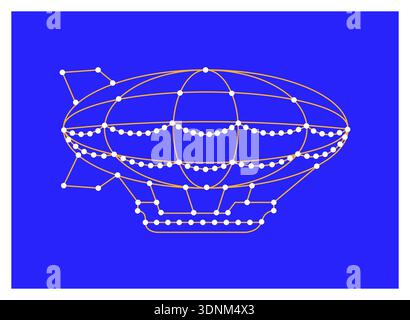Futuristic zeppelin with festive garland, retro aviation inspired vector on bright blue background, holiday design. Stock Vector