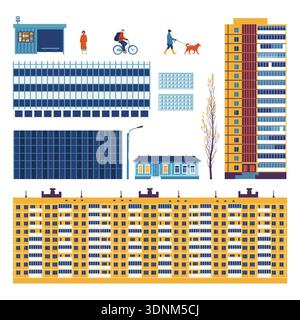Urban elements of post-Soviet cities: blocks, architecture, everyday life. Stock Vector