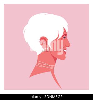 Elderly smiling woman in profile, happy grandmother portrait, minimalist flat vector illustration. Stock Vector