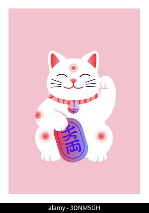 Maneki-neko lucky cat with raised paw, red collar and bell on pink. Stock Vector