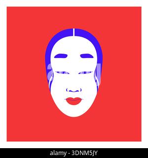 Stylized Japanese mask on bold red background, clean geometric flat vector for posters, wall art, and cultural projects. Stock Vector