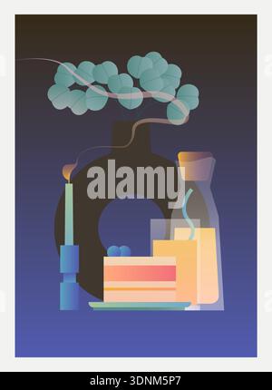 Cozy cafe still life with eucalyptus vase, candle, juice, and cake slice, modern lifestyle vector for menus. Stock Vector