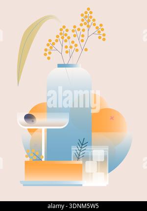 Cocktail glass with ice cubes and mimosa flowers in pastel orange and blue, stylish bar and restaurant vector design. Stock Vector