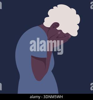 Elderly African woman in despair, crying grandmother in profile, depression and stress concept, vector flat illustration. Stock Vector