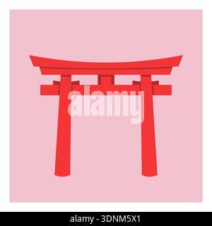 Traditional Japanese torii gate in red on pink background, Shinto spirituality symbol, minimalist vector illustration. Stock Vector