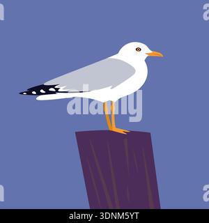 A seagull perched on a wooden pole against a bright blue background, minimal travel marine poster in flat vector style. Stock Vector