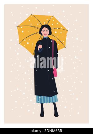 Full‑length Asian woman with yellow umbrella in snowfall, casual winter outfit, holiday vector flat illustration. Stock Vector