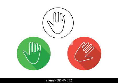 Hand Icons in Circles: Green, Red, and Black Line Art Hand Gesture Symbols Stock Vector