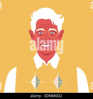 Elderly happy man with eyeglasses, grandfather portrait, businessman avatar, vector flat illustration. Stock Vector