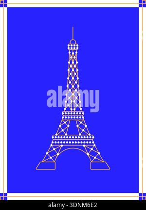 Eiffel Tower with warm decorative lights, minimal line style festive vector for Paris travel and holiday projects. Stock Vector