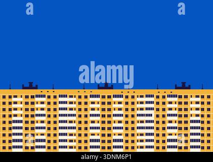 Long Soviet‑era residential building under deep blue sky, modernist mass housing vector architectural illustration. Stock Vector