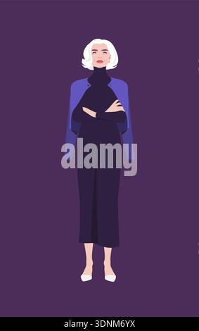 Beautiful elderly woman full‑length with arms crossed, grandmother portrait, vector flat illustration. Stock Vector