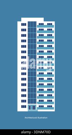 Tall residential building with balconies on blue background, minimalist urban architecture vector illustration. Stock Vector