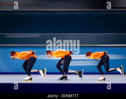 MILAN - Kjeld Nuis, Jenning de Boo, and Femke Kok during a long track speed skater training session at the Milano Speed Skating Stadium. SEM VAN DER WAL / ANP Stock Photo