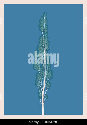 Summer pyramidal poplar tree silhouette on blue background, minimalist botanical vector for decor and posters. Stock Vector