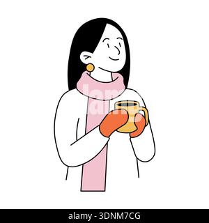 Woman holding warm drink in scarf and gloves, cozy winter lifestyle vector for Christmas and seasonal designs. Stock Vector