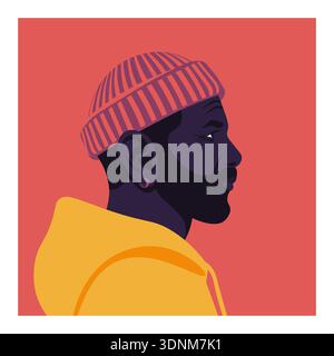 African man in hat profile portrait, traveler avatar diversity concept, side view flat vector illustration. Stock Vector