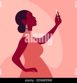 Pregnant African woman taking selfie with smartphone, mother portrait side view blogger in flat vector illustration style. Stock Vector