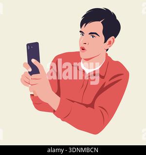 Shocked young male blogger taking smartphone pictures, streaming video online photographer in flat vector illustration style. Stock Vector