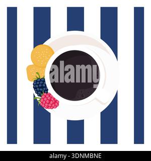 Italian espresso cup of black coffee, top view on striped marine background, minimal flat vector poster design. Stock Vector