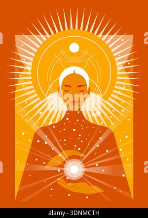 Goddess of Fortune mythology portrait with crystal ball, spring pagan religion theme in flat vector illustration style. Stock Vector