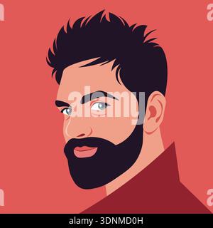 Brunette Latin American man in profile with beard, expressive face portrait in flat vector illustration style. Stock Vector