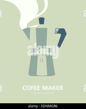 Italian moka pot coffee maker side view, minimalistic vertical poster design in flat vector illustration style. Stock Vector