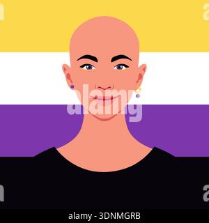Portrait of young nonbinary person with pride flag, LGBTQIA+ identity concept in flat vector illustration style. Stock Vector