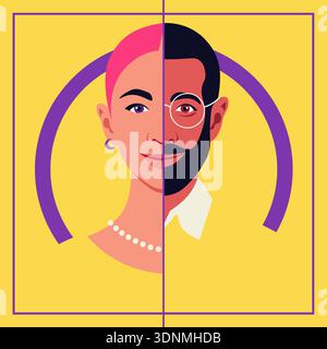 Nonbinary portrait with half female and half male face, expressive identity concept in flat vector illustration style. Stock Vector