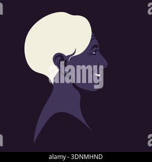Elderly African woman head in profile with white hair, happy grandmother avatar for social media in flat vector illustration style. Stock Vector