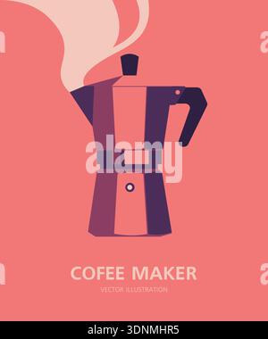 Italian moka pot coffee maker side view, minimalistic vertical poster design in flat vector illustration style. Stock Vector