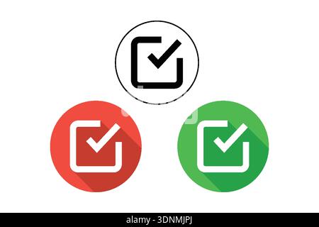 Checklist Icons White Checkmark Inside Squares in Black, Red, and Green Circles Signifying Completion and Verification Stock Vector