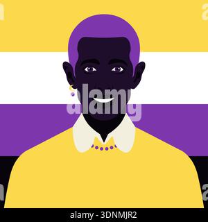 Portrait of African nonbinary person with pride flag, LGBTQIA+ identity concept in flat vector illustration style. Stock Vector