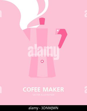 Italian moka pot coffee maker side view, minimalistic vertical poster design in flat vector illustration style. Stock Vector