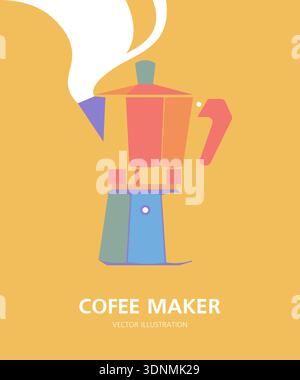 Italian moka pot coffee maker side view, multicolored vertical poster design in flat vector illustration style. Stock Vector