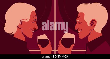 Elderly man and woman holding glasses of red wine, sommelier couple profile portrait in flat vector illustration style. Stock Vector