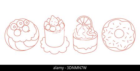 Hand-drawn set of sweet bakery desserts including donut, sweet pastry with cream and berries and two individual pastries Stock Vector