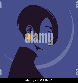 Sad woman in profile with closed eyes, fashion model depression avatar side view in flat vector illustration style. Stock Vector