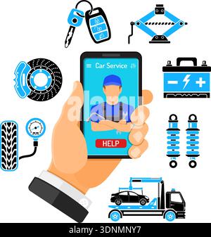 Online Car Services Infographics. Man Holds Smartphone in hand and orders car mechanic. Flat Style Icons. Isolated vector illustration Stock Vector