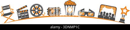 Cinema, filming and movie industry concept with two color icons film reel, director chair, popcorn, clapperboard, isolated vector illustration Stock Vector