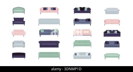 Collection of sofa models, fashionable modern furniture set for home and office interior in flat vector illustration style. Stock Vector