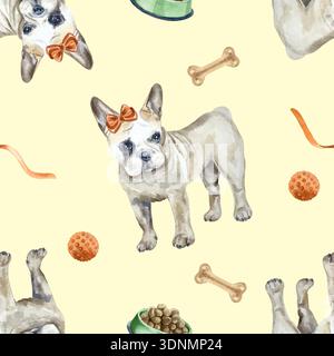 Dogs seamless pattern. Standing French bulldog with a red bow on his head, bone and ball. Hand drawn watercolor illustration. Vector clip art for Stock Vector