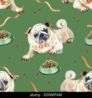 Dog seamless pattern. Pug lying with a food bowl and a red ribbon. Hand drawn watercolor illustration. Vector clip art for postcards, wrapping paper Stock Vector