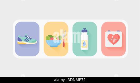 A clean and modern flat illustration featuring four health-related icons in rounded squares with long shadows. Stock Vector