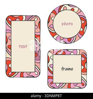 Whimsical frames set, minimalist coquette ornamental border line art. Hand drawn doodle style design, ink brush wavy line contour. Pink red purple Stock Vector
