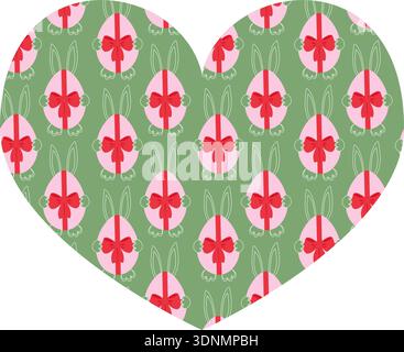 Outline Bunny hiding behind Easter Egg with bow Heart Backdrop Minimalistic Flat and Outline design. Easter Greetings Thematic Background Party Invite or Promo leaflets, social media post, label, tag Stock Vector