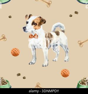 Dog seamless pattern. Jack Russell terrier, food in a bowl, red toy ball and bone. Hand drawn watercolor illustration. Vector clip art for postcards Stock Vector