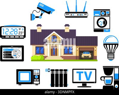 Smart Home and Internet of Things Concept. Smart House controls devices like microwave, loudspeaker, tv and security camera. Flat style two color icon Stock Vector