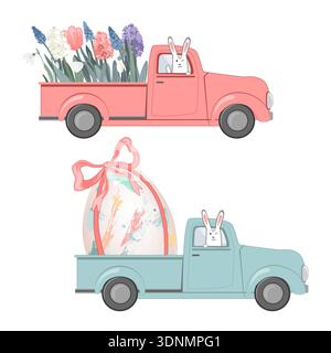 Pickup truck set with a big Easter egg and flowers. Funny bunny driver. Vector Illustration Isolated on white background. Stock Vector